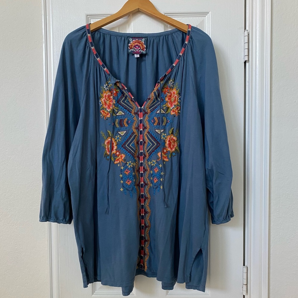 JOHNNY WAS Embroidered Sentrie Peasant Blouse 1X